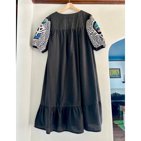 Vintage Seds Crafts Panama Mola Seahorse Black Kaftan Dress – One Size, Folk Art - Picture 2 of 5